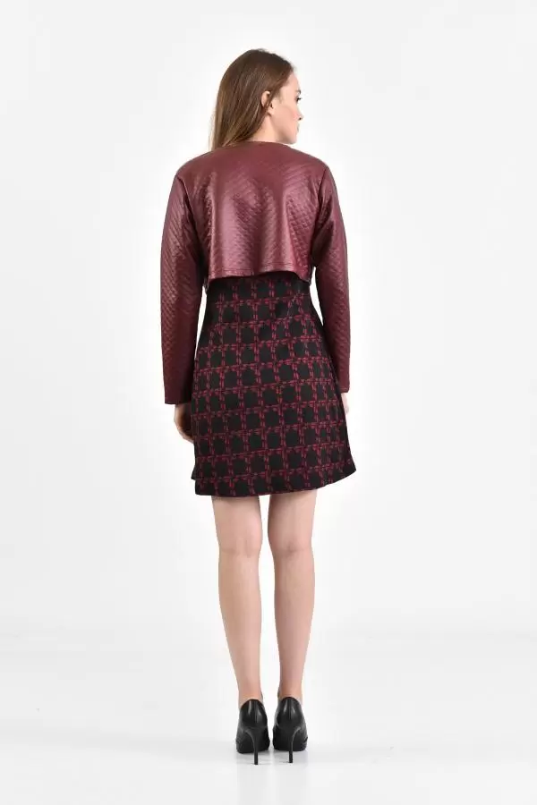 Önü Çıtçıtlı Deri Ceketli Siyah Desenli Bordo Kadın Elbise