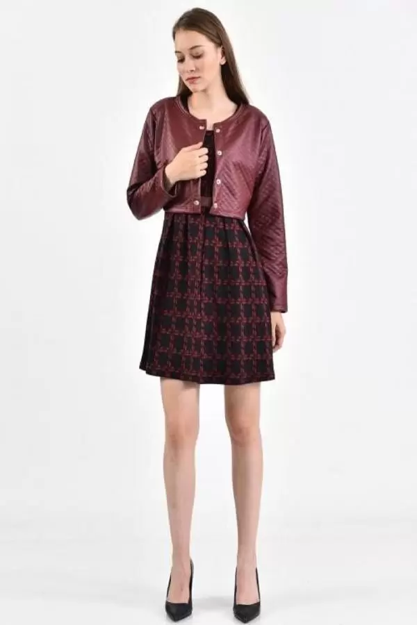 Önü Çıtçıtlı Deri Ceketli Siyah Desenli Bordo Kadın Elbise