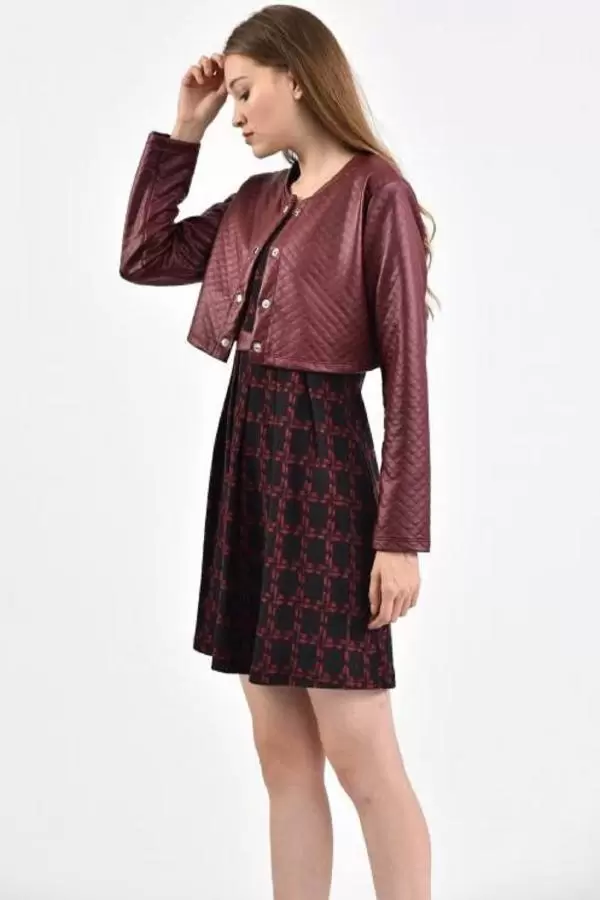 Önü Çıtçıtlı Deri Ceketli Siyah Desenli Bordo Kadın Elbise