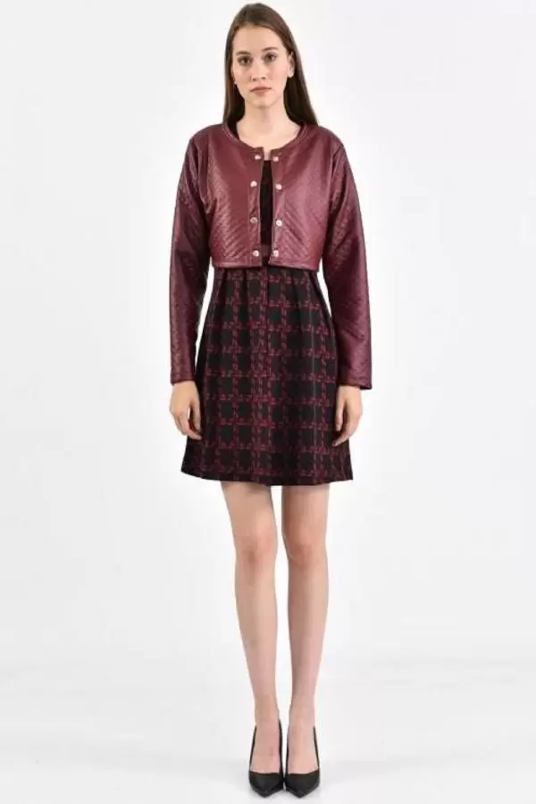 Önü Çıtçıtlı Deri Ceketli Siyah Desenli Bordo Kadın Elbise