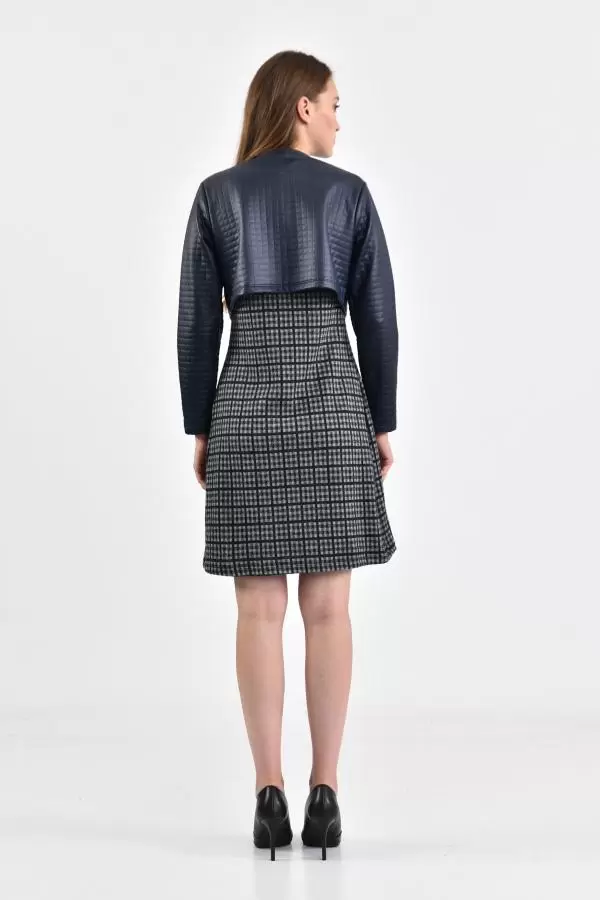 Önü Çıtçıtlı Deri Ceketli Siyah Desenli Füme Kadın Elbise