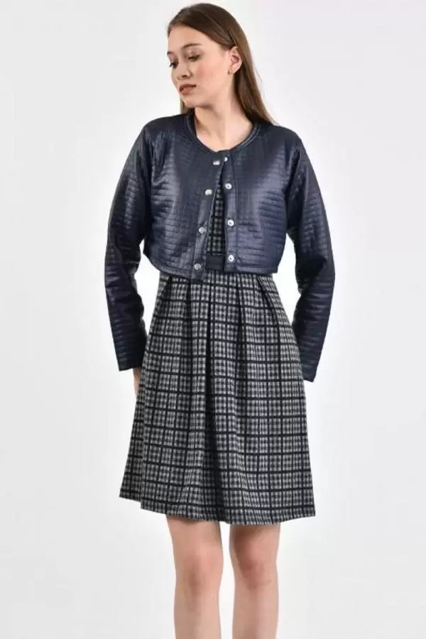 Önü Çıtçıtlı Deri Ceketli Siyah Desenli Füme Kadın Elbise