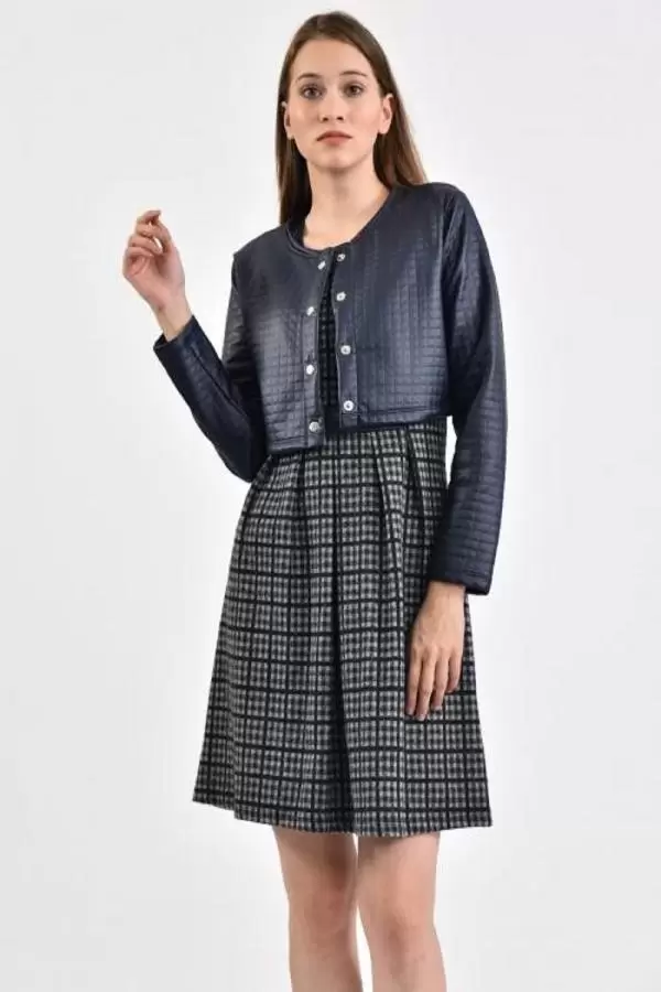 Önü Çıtçıtlı Deri Ceketli Siyah Desenli Füme Kadın Elbise