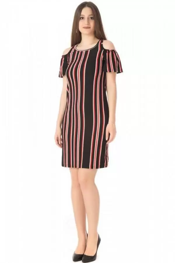 Pencere Kloş Kol Çizgili Viskon Siyah Kadın Elbise