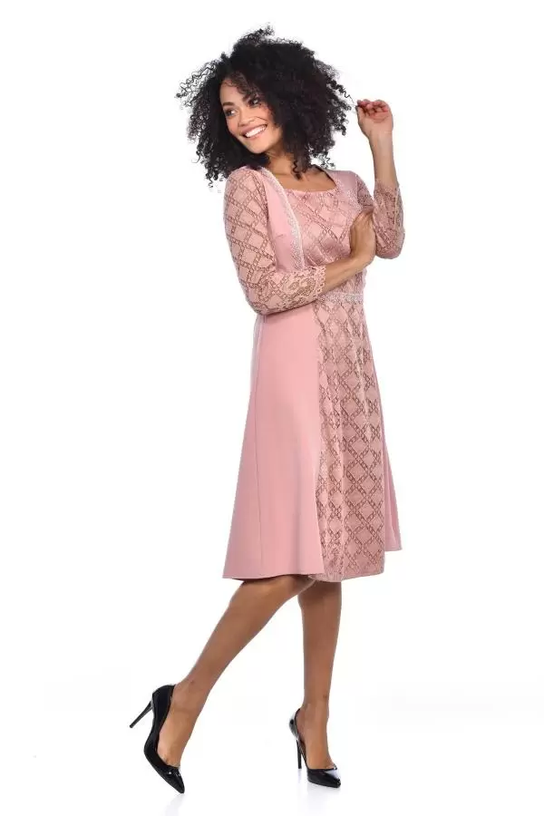 Pencere Yaka Astarlı Uzun Kollu Dantel ve Güpürlü Somon Elbise