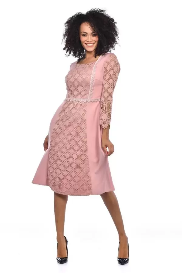 Pencere Yaka Astarlı Uzun Kollu Dantel ve Güpürlü Somon Elbise