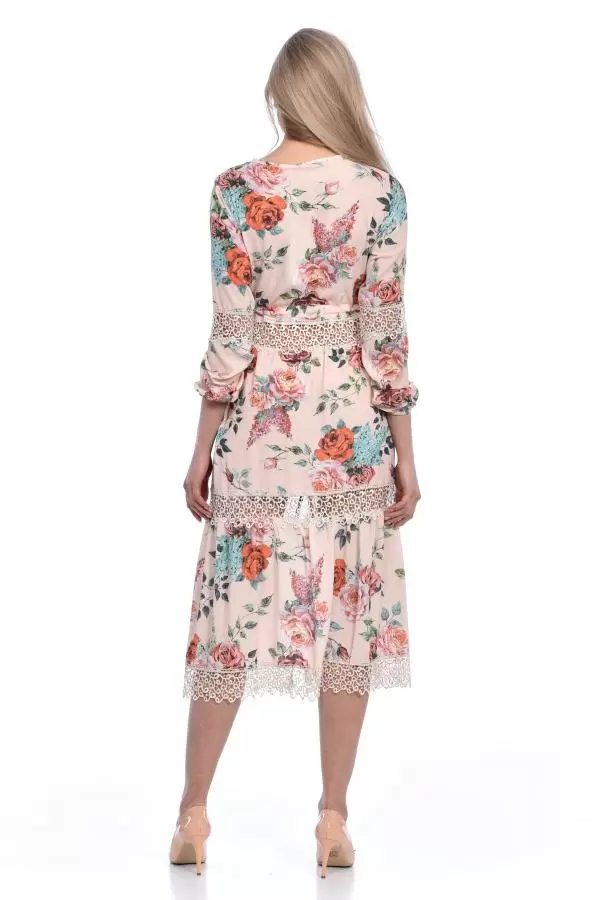 Pencere Yaka Dantel ve Çiçekli Kadın Bej Elbise