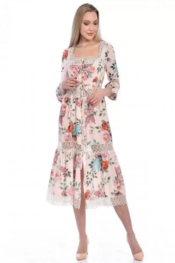 Pencere Yaka Dantel ve Çiçekli Kadın Bej Elbise