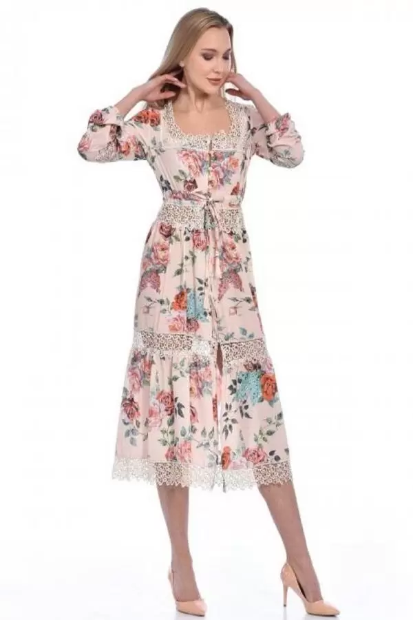Pencere Yaka Dantel ve Çiçekli Kadın Bej Elbise