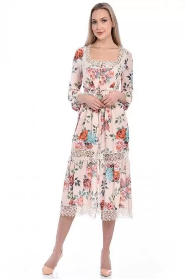 Pencere Yaka Dantel ve Çiçekli Kadın Bej Elbise