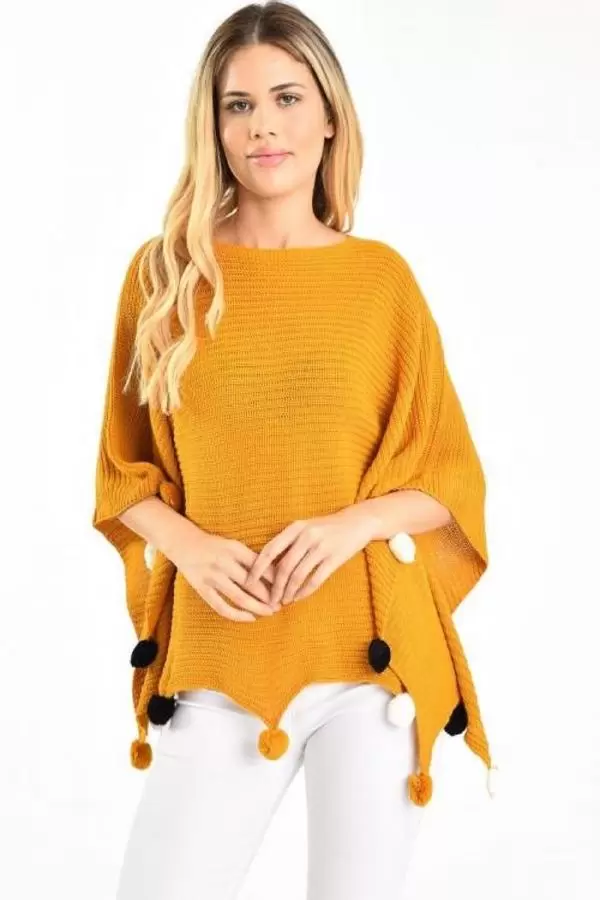 Ponponlu Selanik Örgülü Hardal Triko Kadın Panço