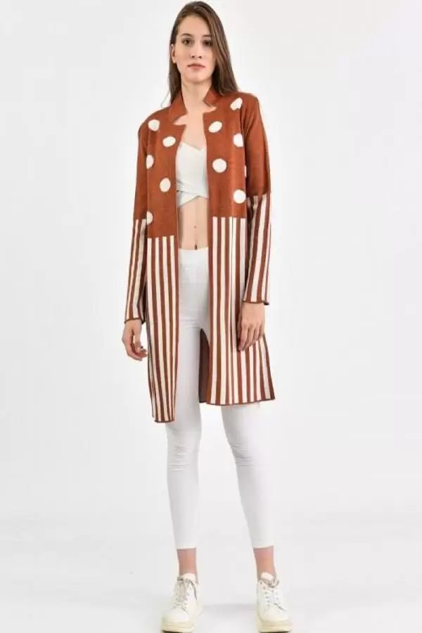 Puantiyeli ve Çizgili Hakim Yaka Kiremit Kadın Hırka