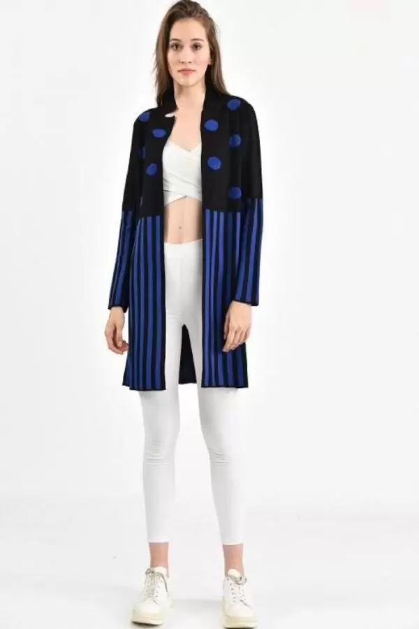 Puantiyeli ve Çizgili Hakim Yaka Lacivert Kadın Hırka