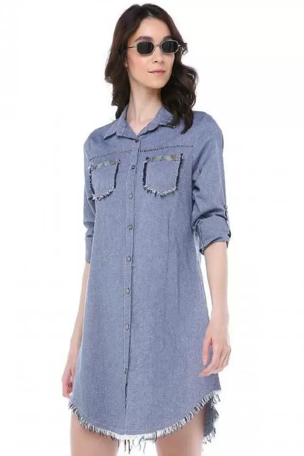 Püsküllü Cepleri Sütun Taşlı Gri Kadın Keten Tunik