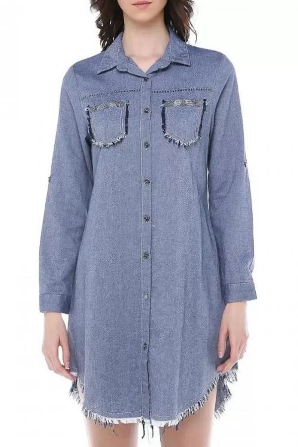 Püsküllü Cepleri Sütun Taşlı Gri Kadın Keten Tunik