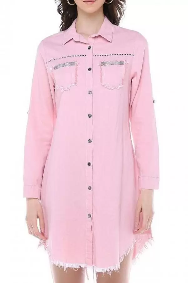 Püsküllü Cepleri Sütun Taşlı Pudra Kadın Keten Tunik