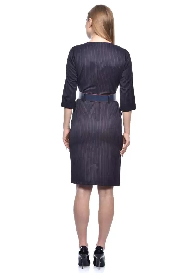 Sıra Düğmeli Kemerli Bordo Çizgili Lacivert Kadın Elbise