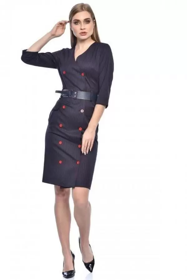 Sıra Düğmeli Kemerli Bordo Çizgili Lacivert Kadın Elbise