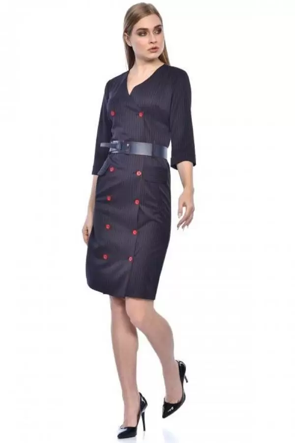 Sıra Düğmeli Kemerli Bordo Çizgili Lacivert Kadın Elbise