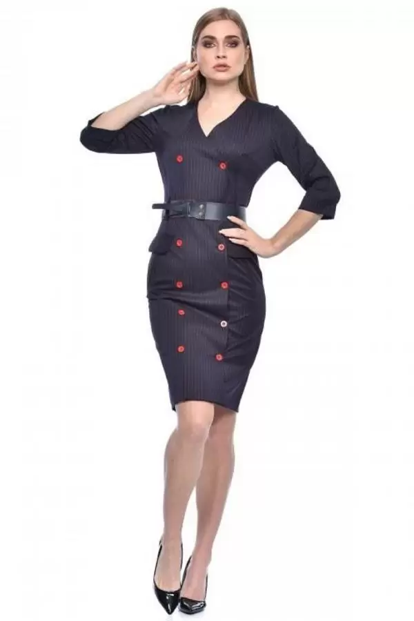 Sıra Düğmeli Kemerli Bordo Çizgili Lacivert Kadın Elbise