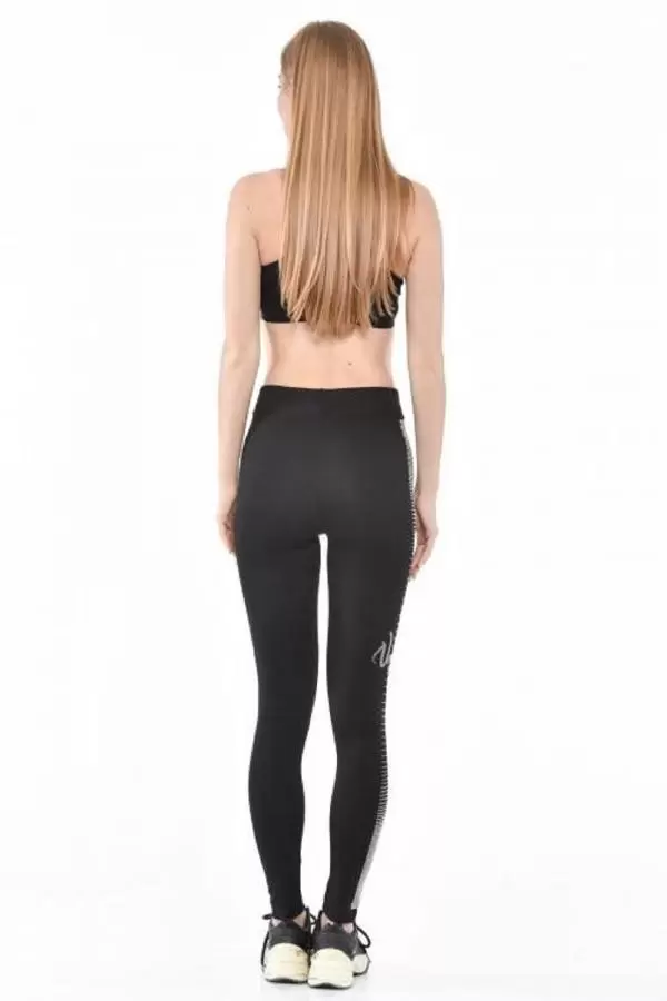 Sıra Şeritli ve Yazılı Taş Dizinli Siyah Kadın Tayt