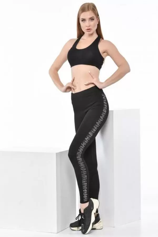 Sıralı ve Yatay Taş Dizinli Siyah Kadın Tayt