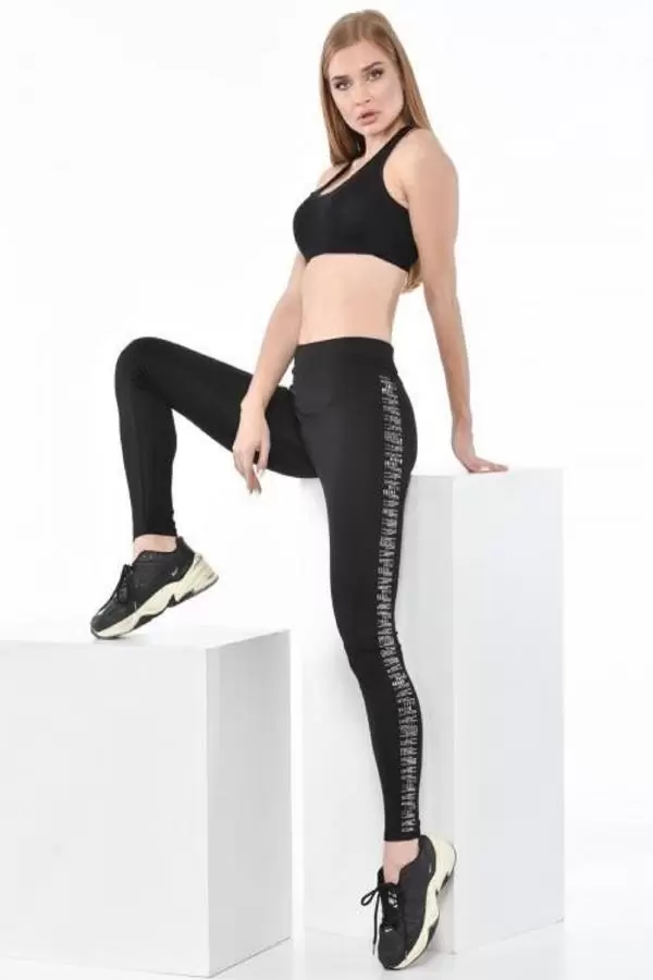 Sıralı ve Yatay Taş Dizinli Siyah Kadın Tayt