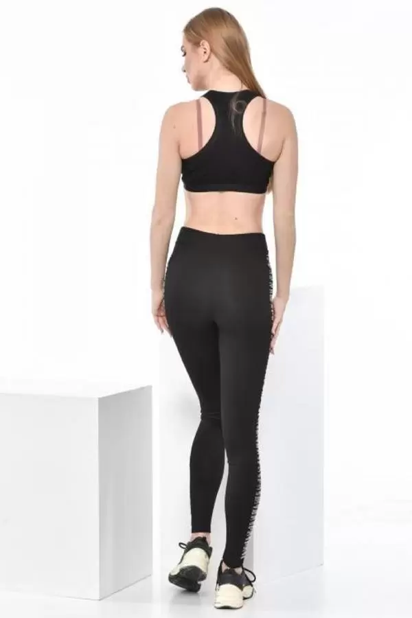 Sıralı ve Yatay Taş Dizinli Siyah Kadın Tayt