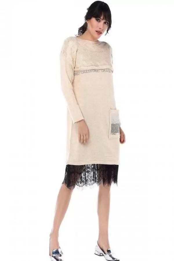 Taş Detaylı Saç Örgülü Cepli Taş Triko Kadın Tunik