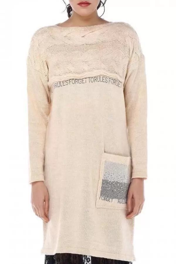 Taş Detaylı Saç Örgülü Cepli Taş Triko Kadın Tunik