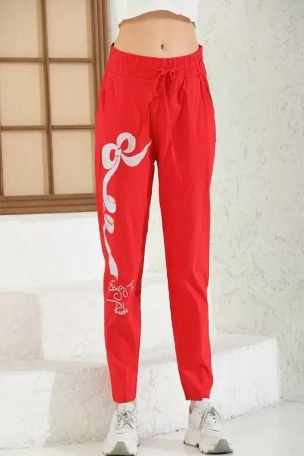 Taş İşlemeli Bağcıklı Belden Lastikli Kırmızı Kadın Pantolon