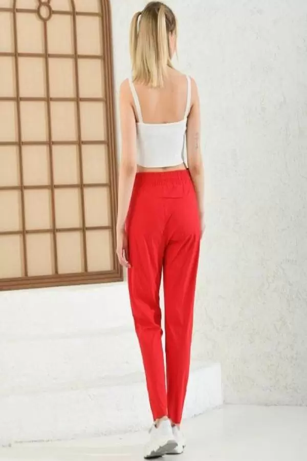 Taş İşlemeli Bağcıklı Belden Lastikli Kırmızı Kadın Pantolon