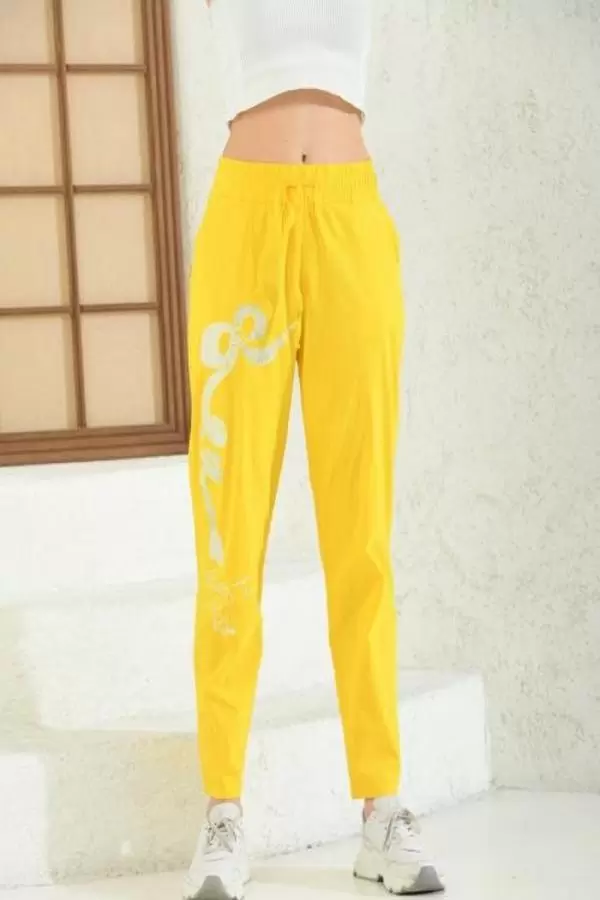 Taş İşlemeli Belden Lastikli Sarı Kadın Pantolon