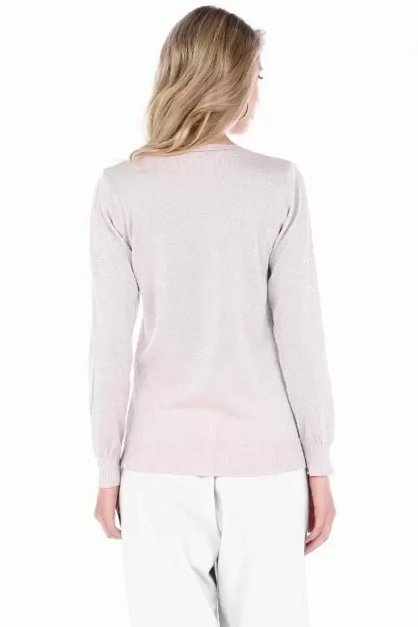 Taşlı V Yaka Simli Pudra Basıc Triko Kadın Bluz