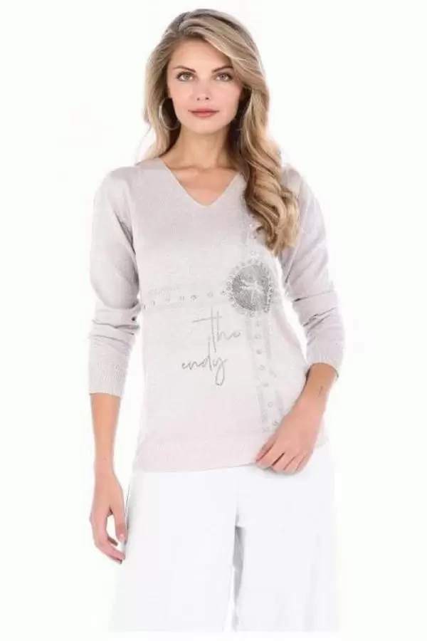 Taşlı V Yaka Simli Pudra Basıc Triko Kadın Bluz