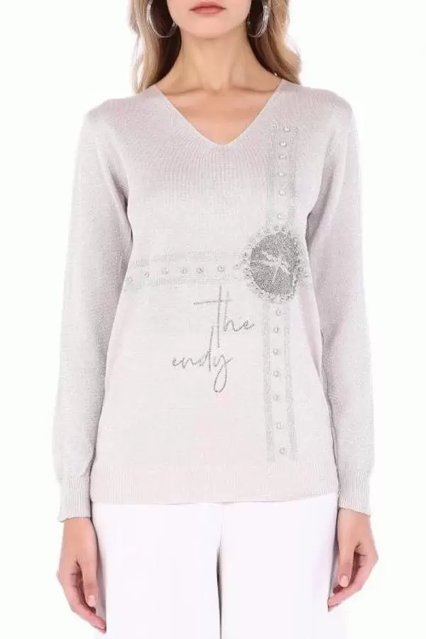 Taşlı V Yaka Simli Pudra Basıc Triko Kadın Bluz