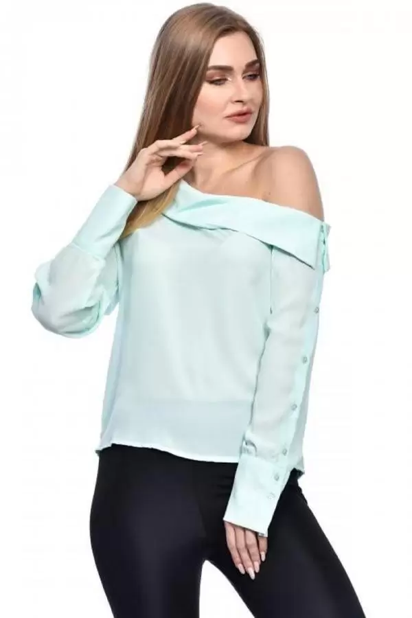 Tek Omuzlu Uzun Kollu Mint Kadın Bluz