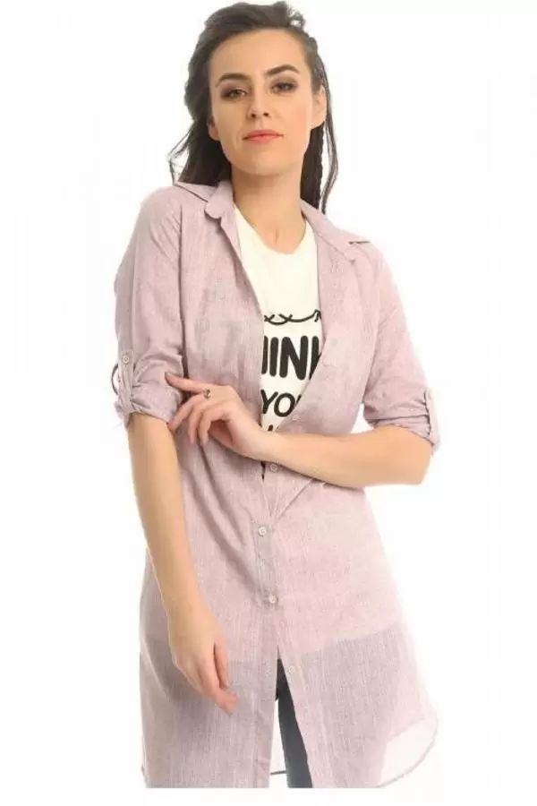 Tişört Kombinli Vizon Uzun Kadın Keten Gömlek (Küçük Beden)