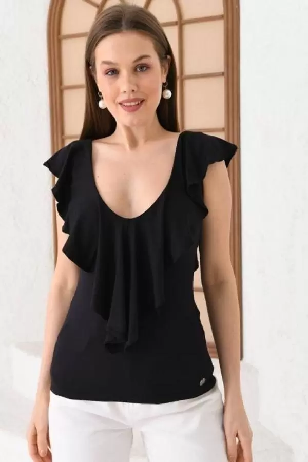 U Yaka Sırt Detaylı Asimetrik Kesim Siyah Kadın Bluz
