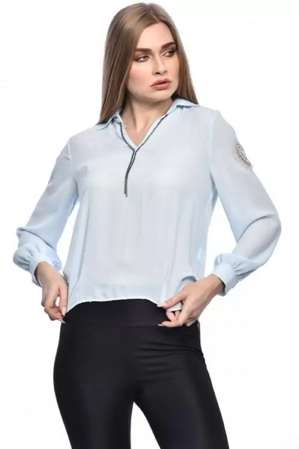 Uzun Kollu Nakış ve Taş Detaylı Düğmeli Bebe Mavi Kadın Gömlek