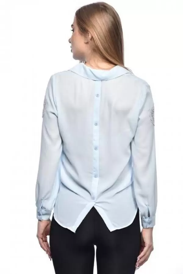 Uzun Kollu Nakış ve Taş Detaylı Düğmeli Bebe Mavi Kadın Gömlek