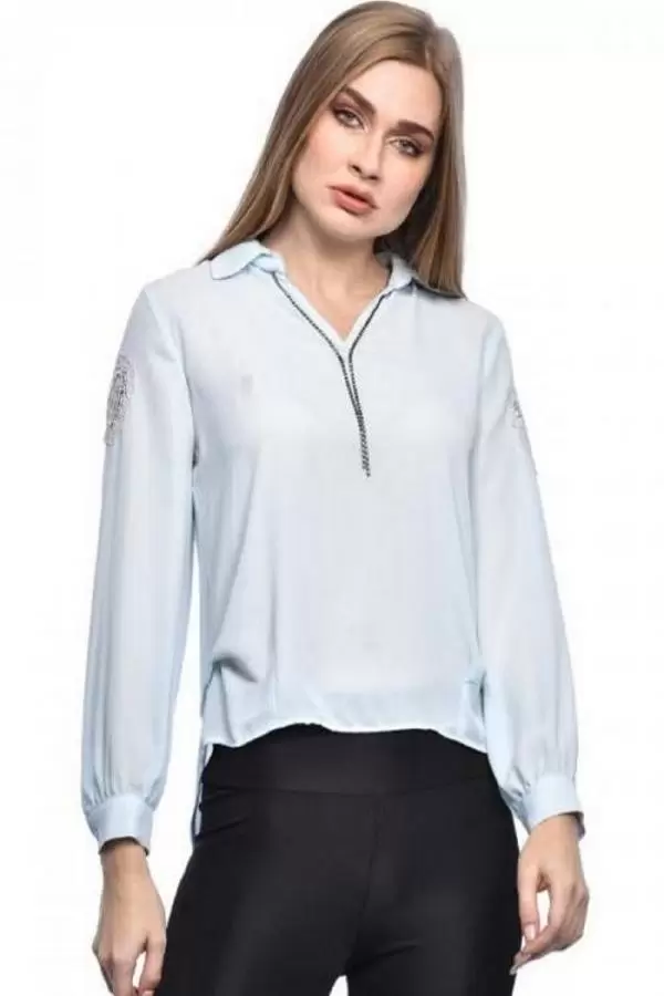 Uzun Kollu Nakış ve Taş Detaylı Düğmeli Bebe Mavi Kadın Gömlek