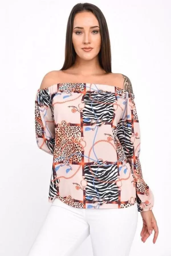 Uzun Kollu Omuz Detaylı Desenli Bej Kadın Bluz