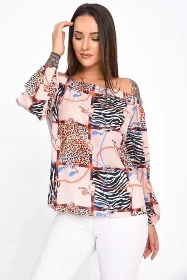 Uzun Kollu Omuz Detaylı Desenli Bej Kadın Bluz