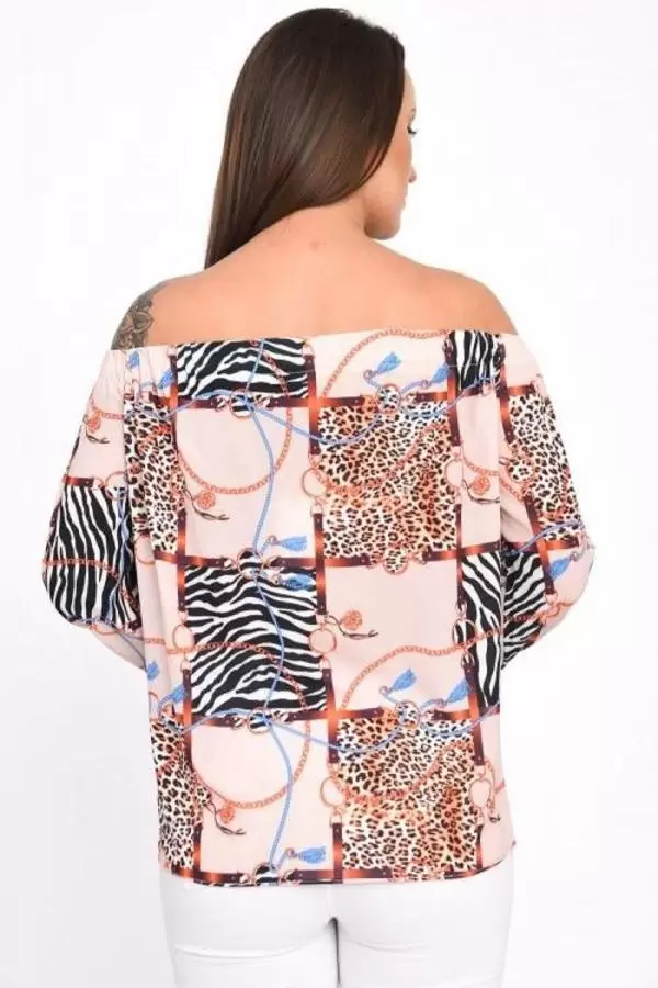 Uzun Kollu Omuz Detaylı Desenli Bej Kadın Bluz