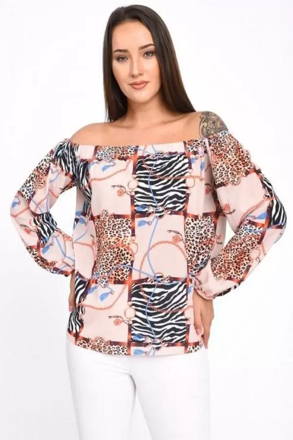 Uzun Kollu Omuz Detaylı Desenli Bej Kadın Bluz
