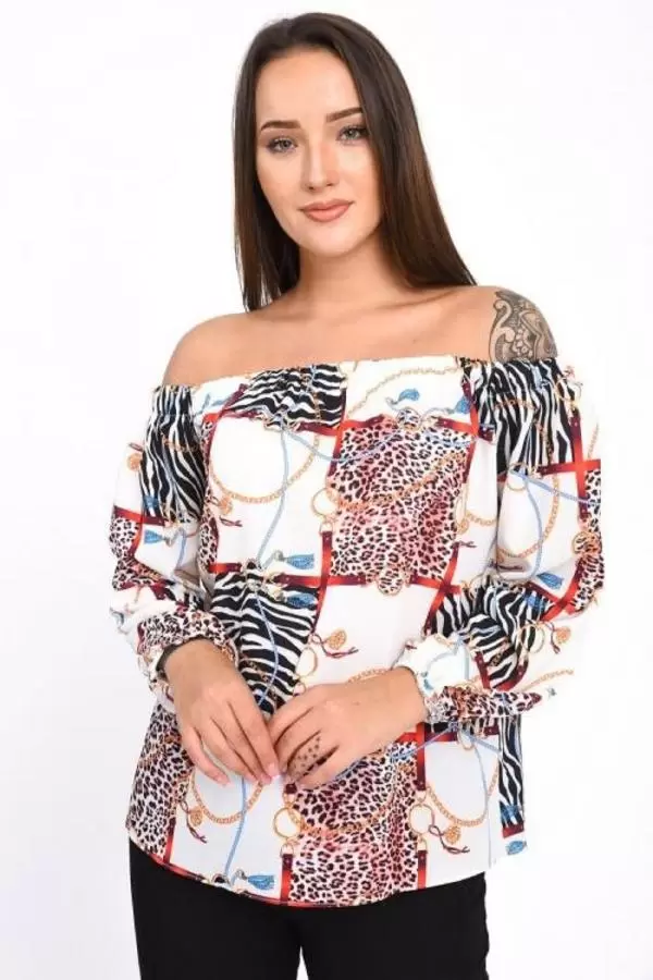 Uzun Kollu Omuz Detaylı Desenli Beyaz Kadın Bluz