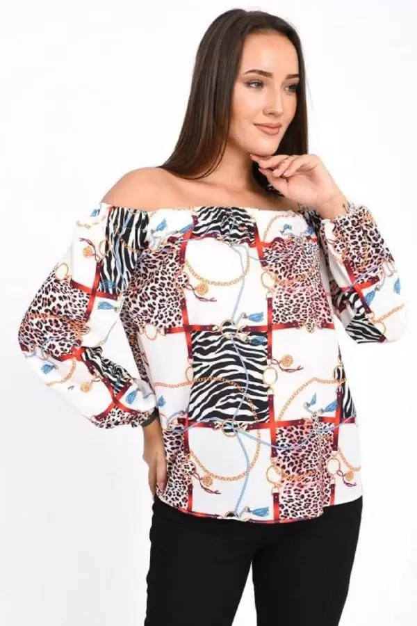 Uzun Kollu Omuz Detaylı Desenli Beyaz Kadın Bluz