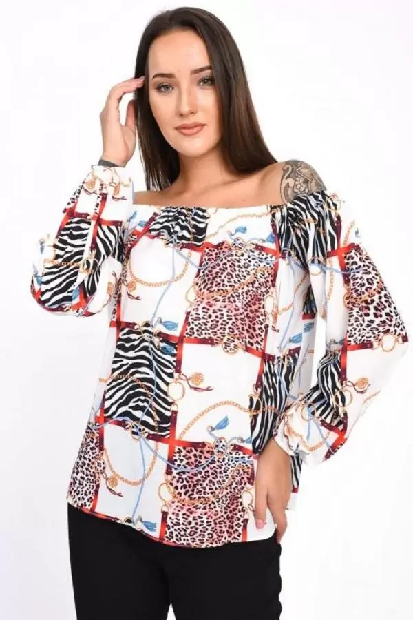Uzun Kollu Omuz Detaylı Desenli Beyaz Kadın Bluz