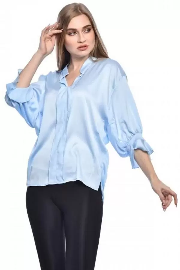 Uzun Kollu Volenli ve Biyeli Bebe Mavi Kadın Bluz